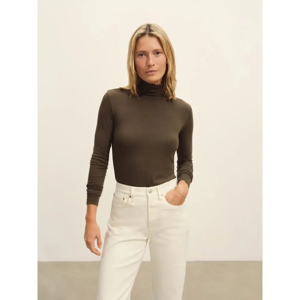 Buck Mason Women's Cloud Jersey Turtleneck Slim Fit Wool Blend Long Sleeve Top - Picture 3 of 6